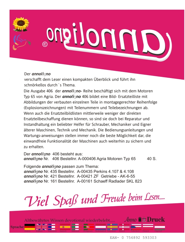 Agria Motoren Typ 65 Bild- Ersatzteilliste & Explosionszeichnungen - annoligno 406